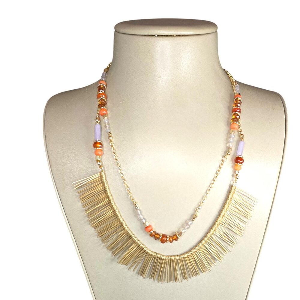 Anthropologie Women's Fringe Stone Layer Statement Necklace Gold/ Orange NWT